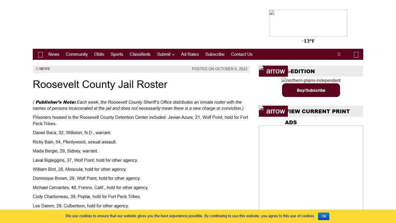 Roosevelt County Jail Roster - Northern Plains Independent